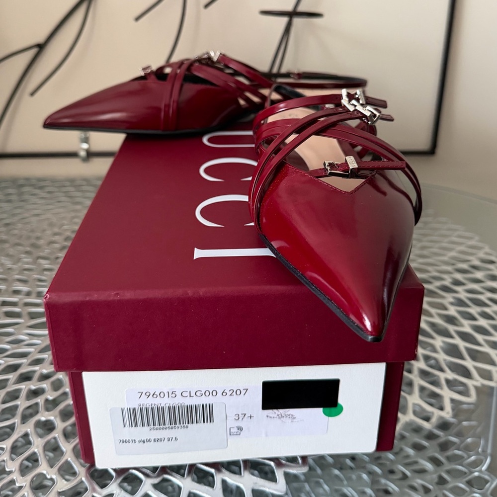 Gucci Seraphine Burgundy Leather Strappy Flat Slingback Shoe sz 37.5 New in Box - Picture 15 of 15